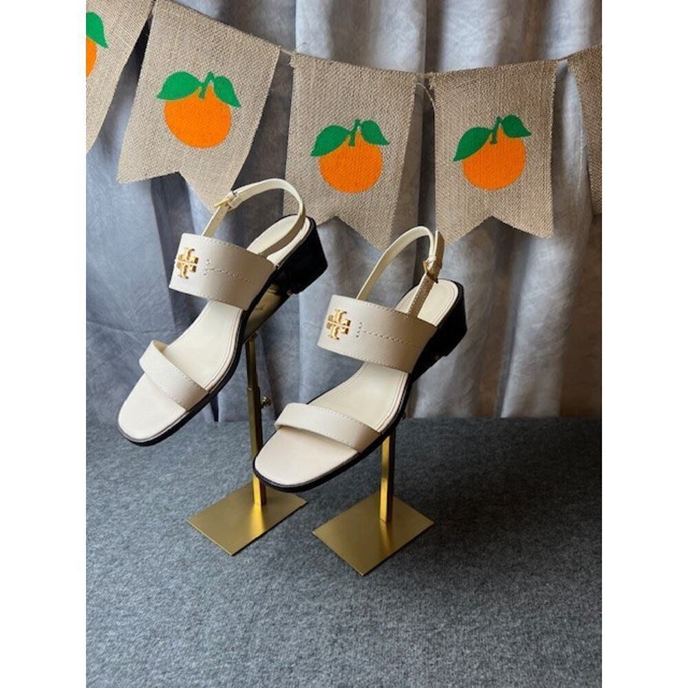 NIB Tory Burch Eleanor Block Heel Sandals IVORY 10.5 Calf Leather - Picture 2 of 8